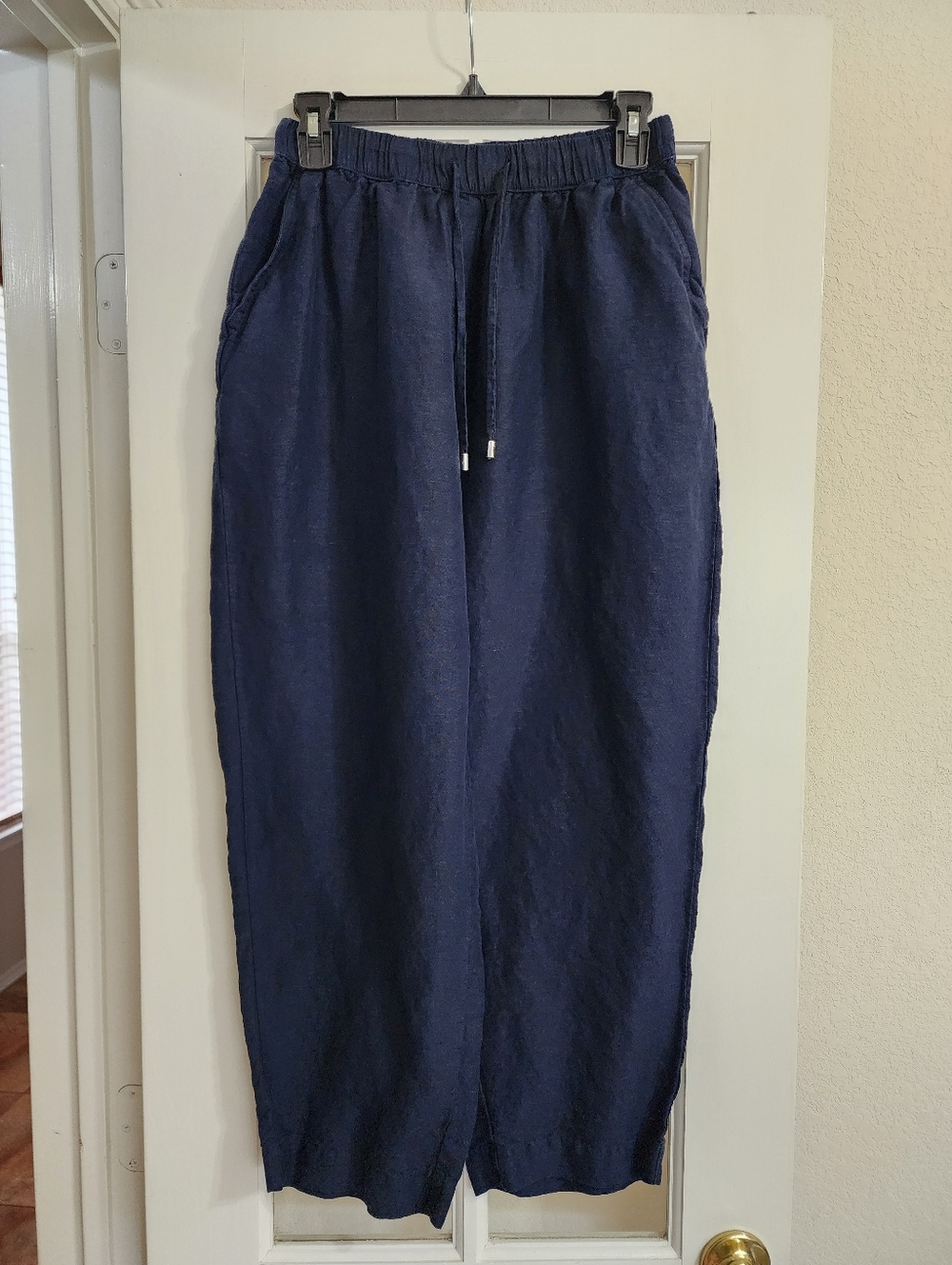 Paradis Linen Blend Pants L Navy Drawstring Lounge Coastal Minimalist
